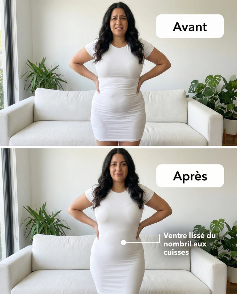 Avant/Après face — Ventre lissé du nombril aux cuisses sous robe blanche