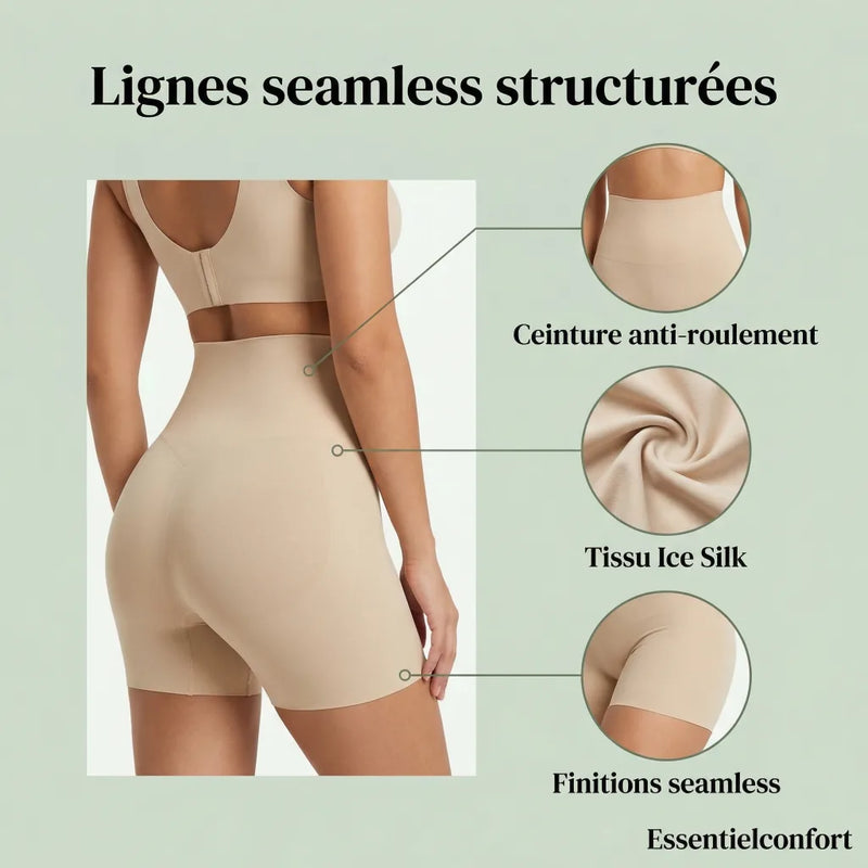 Détails techniques — Ceinture anti-roulement, tissu Ice Silk, finitions seamless
