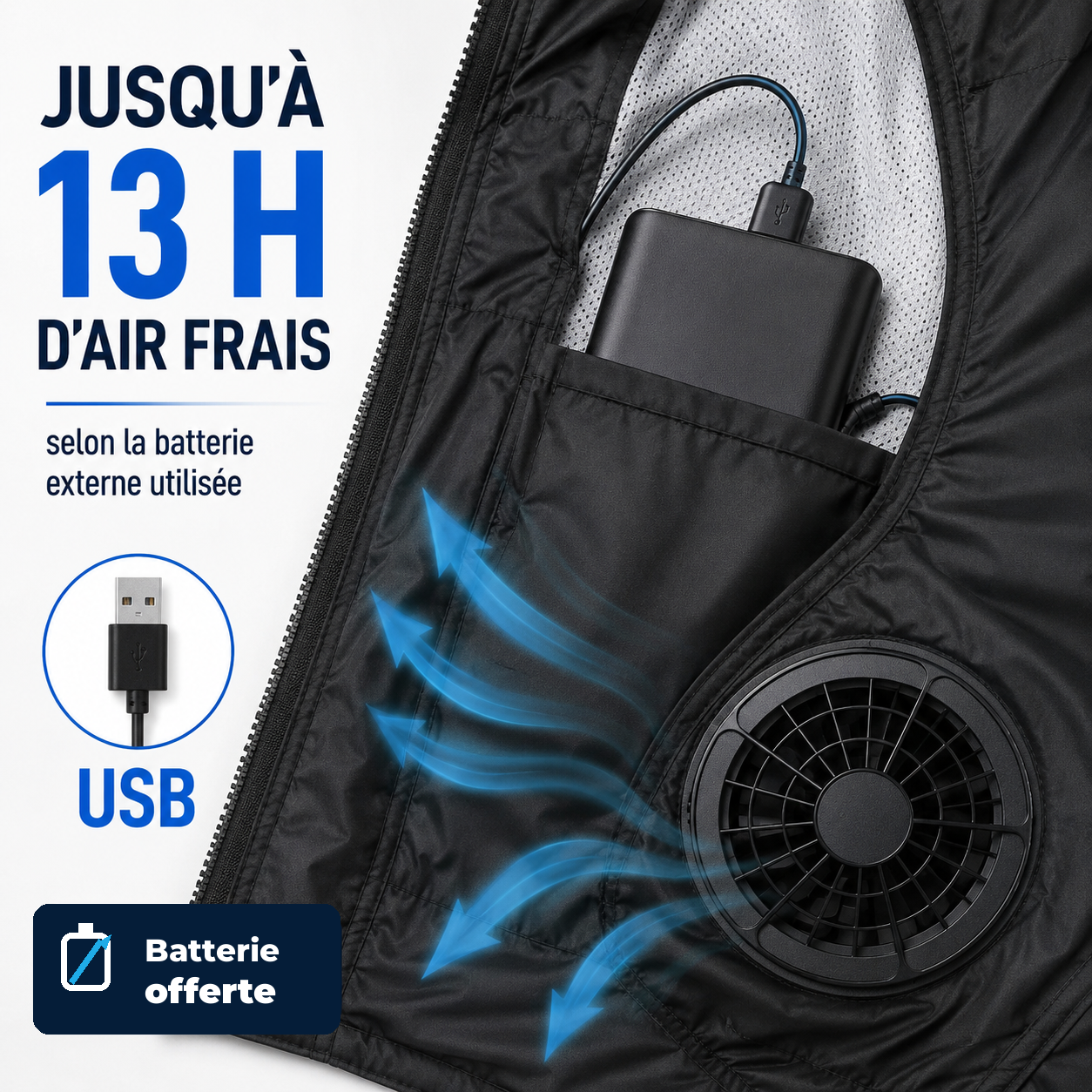 Gilet rafraîchissant ventilé - autonomie USB et batterie externe