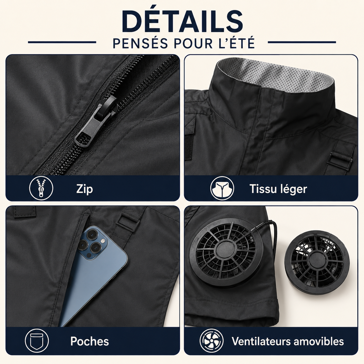 Gilet rafraîchissant ventilé - détails zip poches ventilateurs