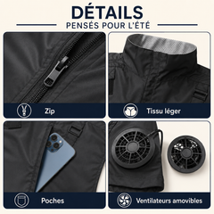 Gilet rafraîchissant ventilé - détails zip poches ventilateurs