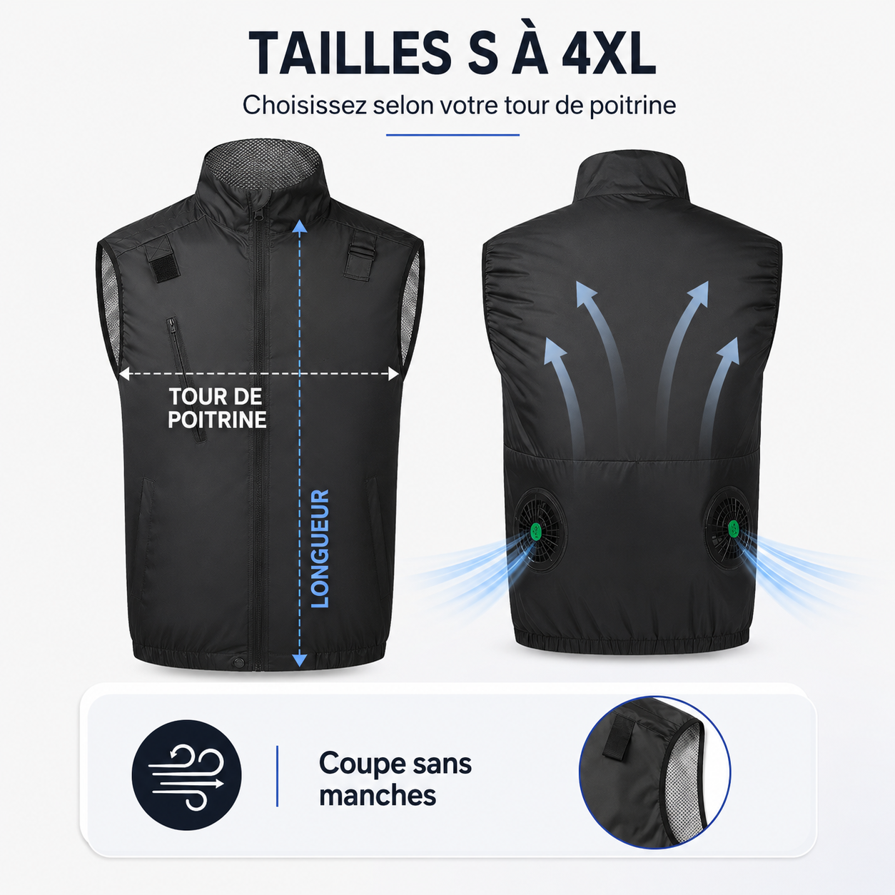 Gilet rafraîchissant ventilé - guide des tailles S à 4XL