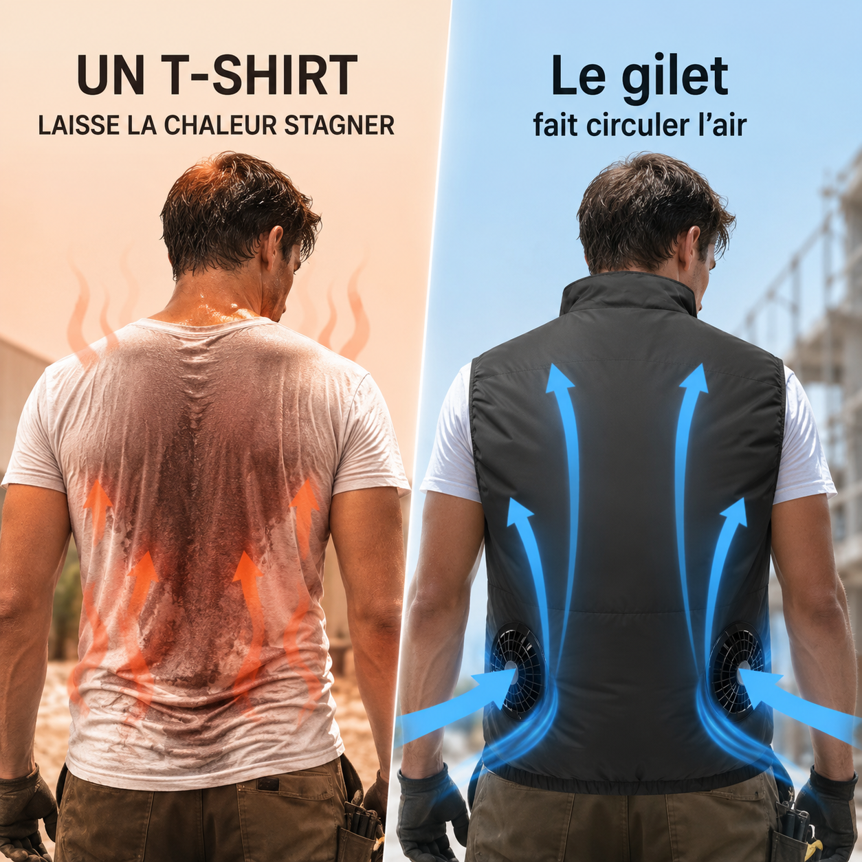 Gilet rafraîchissant ventilé - comparaison t-shirt classique