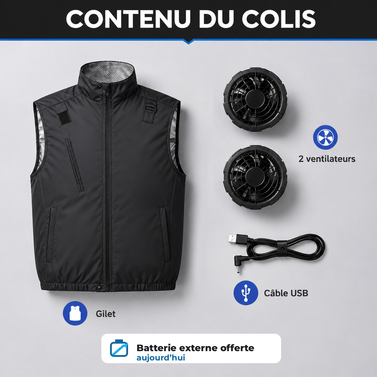Gilet rafraîchissant ventilé - contenu du colis