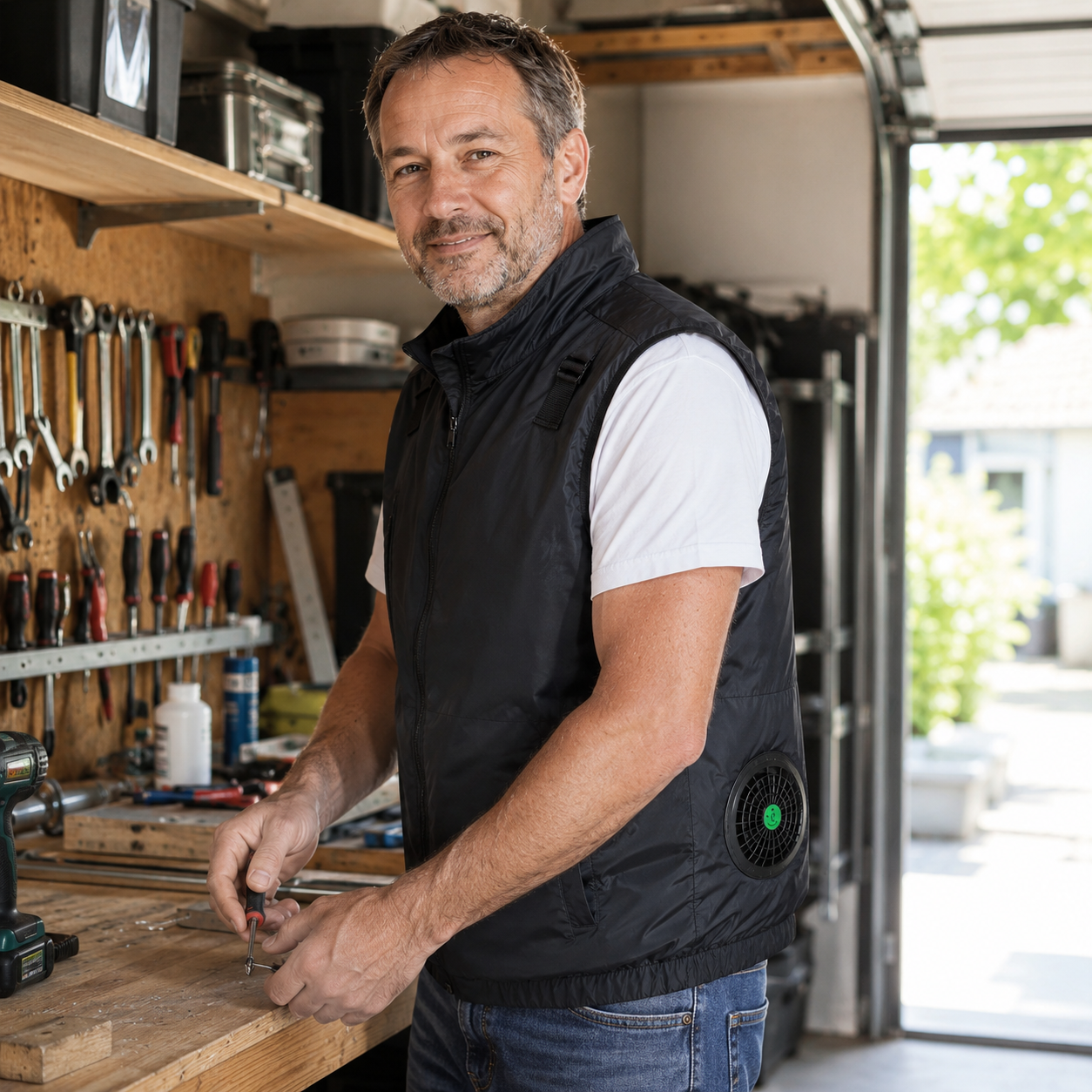 Client portant le gilet rafraîchissant pendant le bricolage