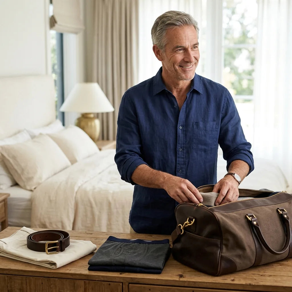 Homme préparant ses essentiels de voyage avec un boxer absorbant Essentiel Confort